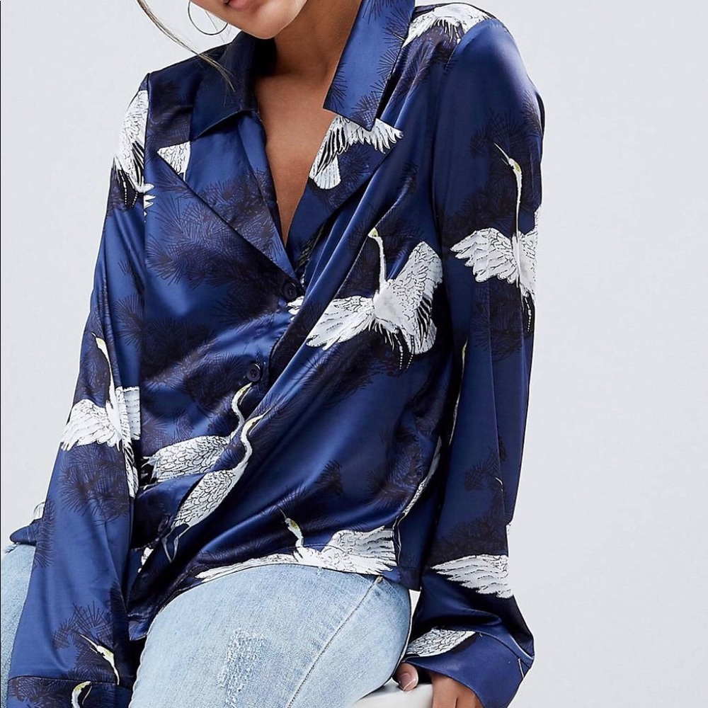 Missguided Bird Print Satin Pajama Blouse